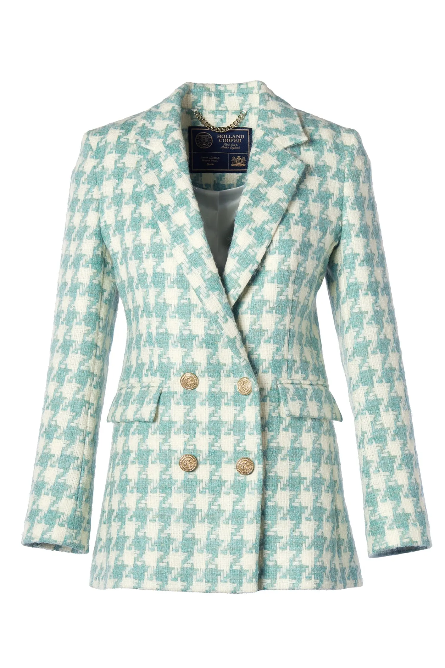 Fashion Double Breasted Blazer (Large Scale Teal Houndstooth) Women Blazers|Tailoring