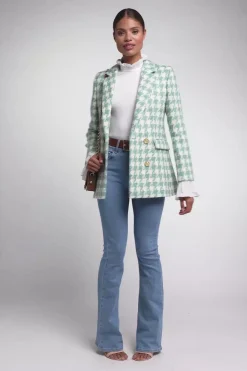 Fashion Double Breasted Blazer (Large Scale Teal Houndstooth) Women Blazers|Tailoring