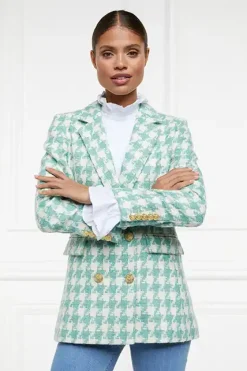 Fashion Double Breasted Blazer (Large Scale Teal Houndstooth) Women Blazers|Tailoring