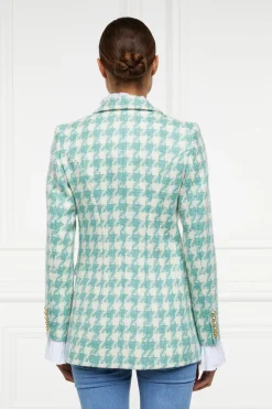 Fashion Double Breasted Blazer (Large Scale Teal Houndstooth) Women Blazers|Tailoring