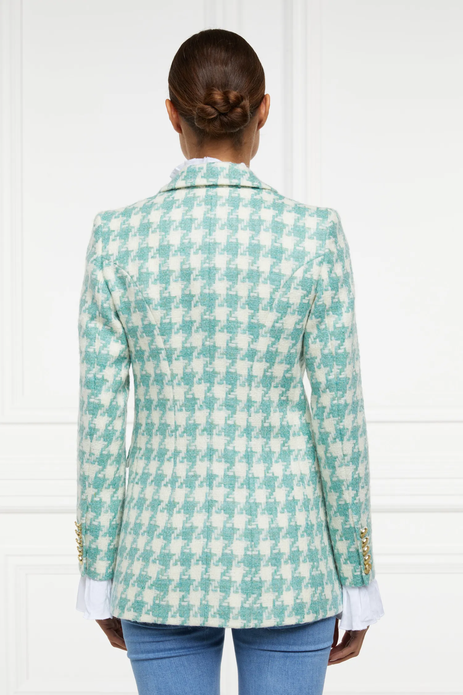 Fashion Double Breasted Blazer (Large Scale Teal Houndstooth) Women Blazers|Tailoring