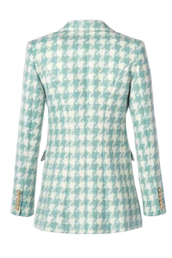 Fashion Double Breasted Blazer (Large Scale Teal Houndstooth) Women Blazers|Tailoring