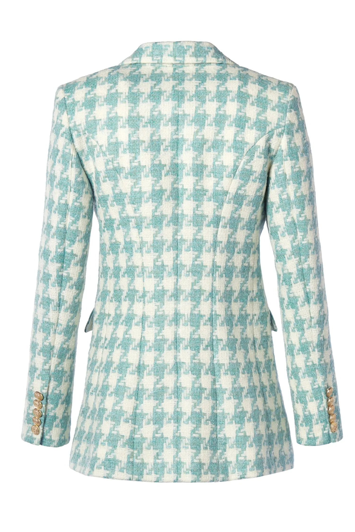 Fashion Double Breasted Blazer (Large Scale Teal Houndstooth) Women Blazers|Tailoring