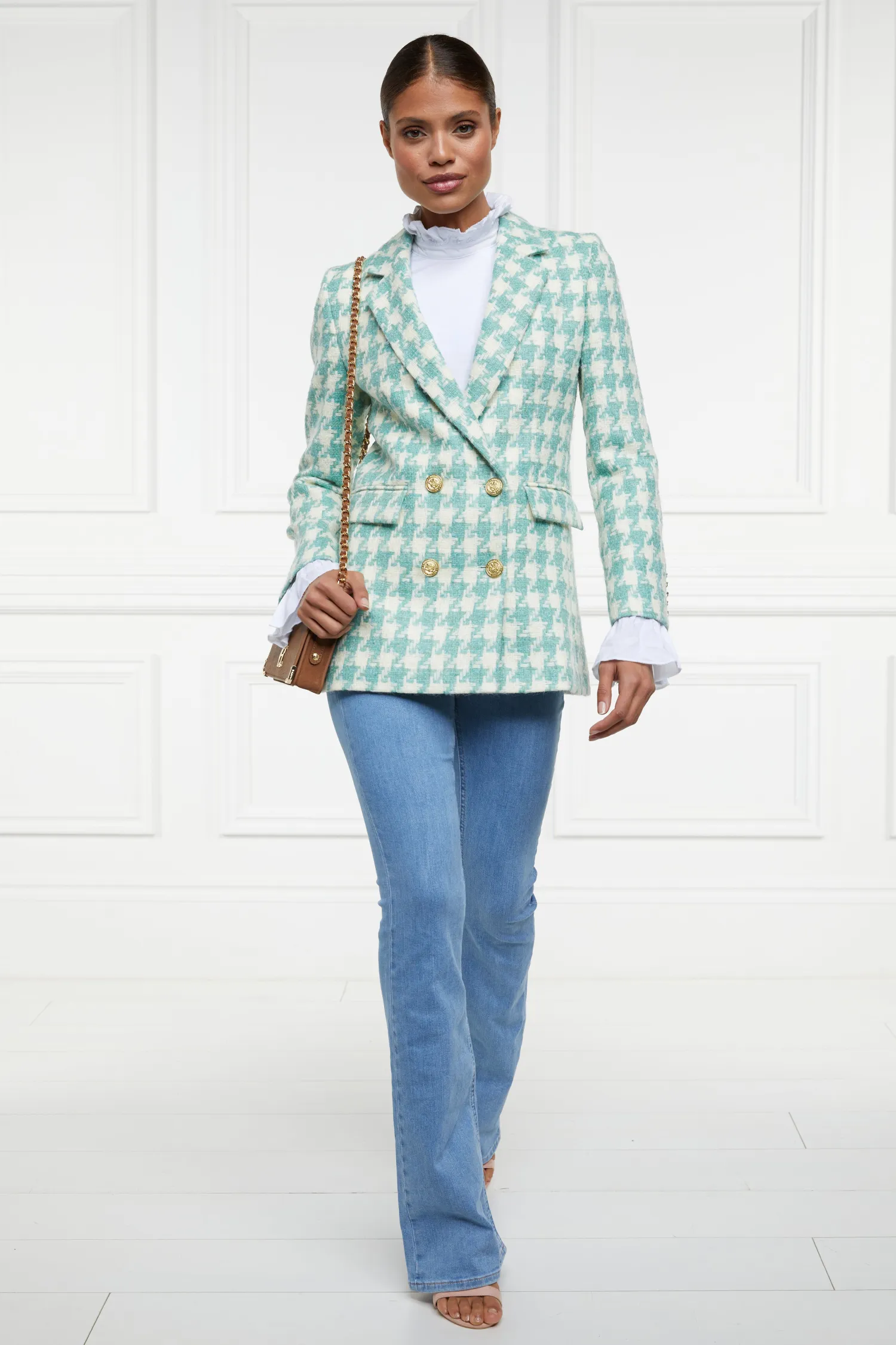 Fashion Double Breasted Blazer (Large Scale Teal Houndstooth) Women Blazers|Tailoring