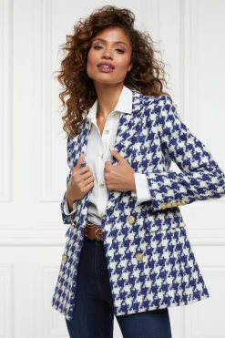 New Double Breasted Blazer (Large Scale Navy Houndstooth) Women Blazers|Tailoring