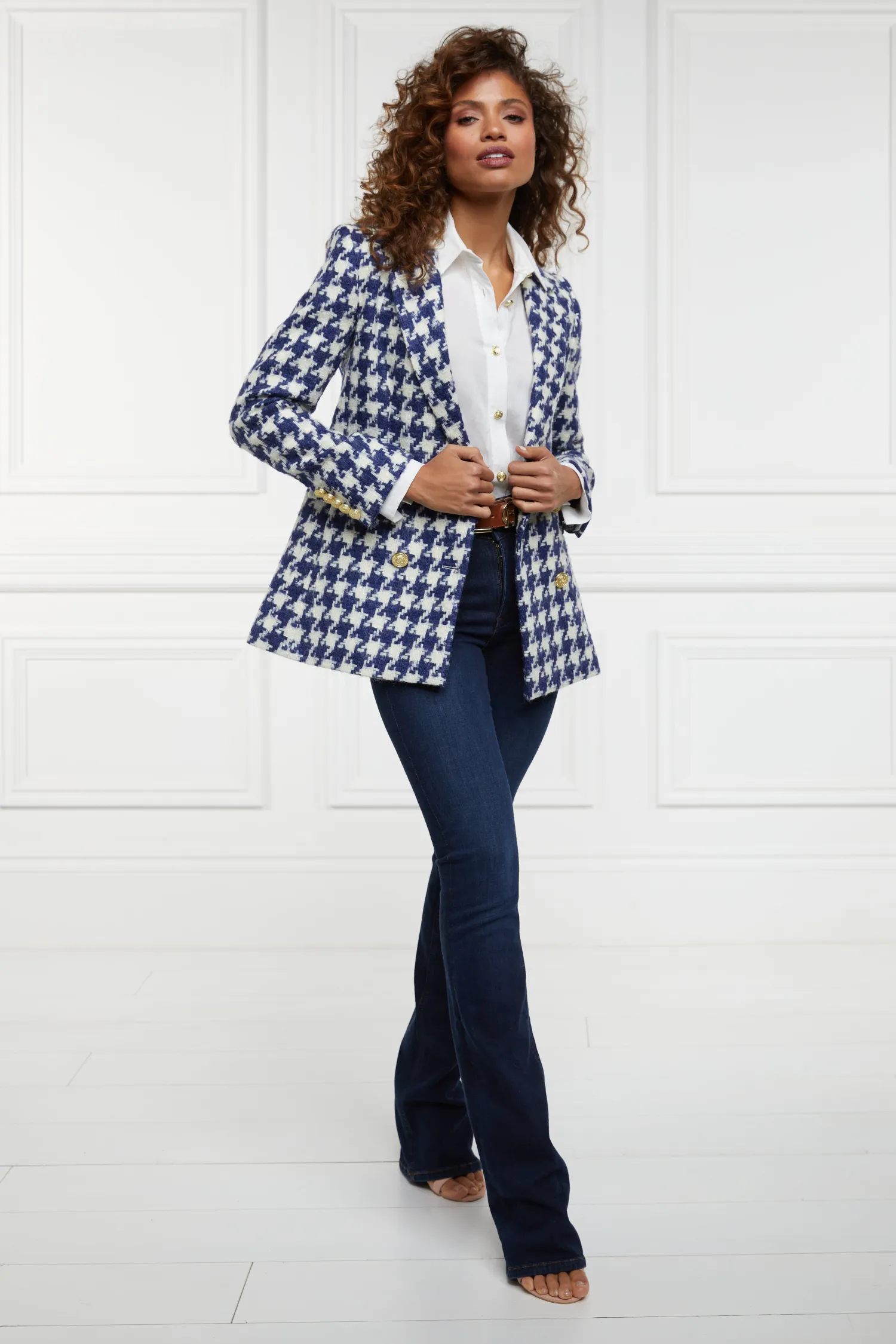 New Double Breasted Blazer (Large Scale Navy Houndstooth) Women Blazers|Tailoring