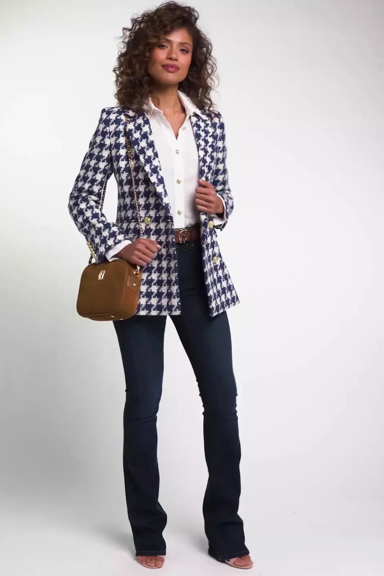 New Double Breasted Blazer (Large Scale Navy Houndstooth) Women Blazers|Tailoring
