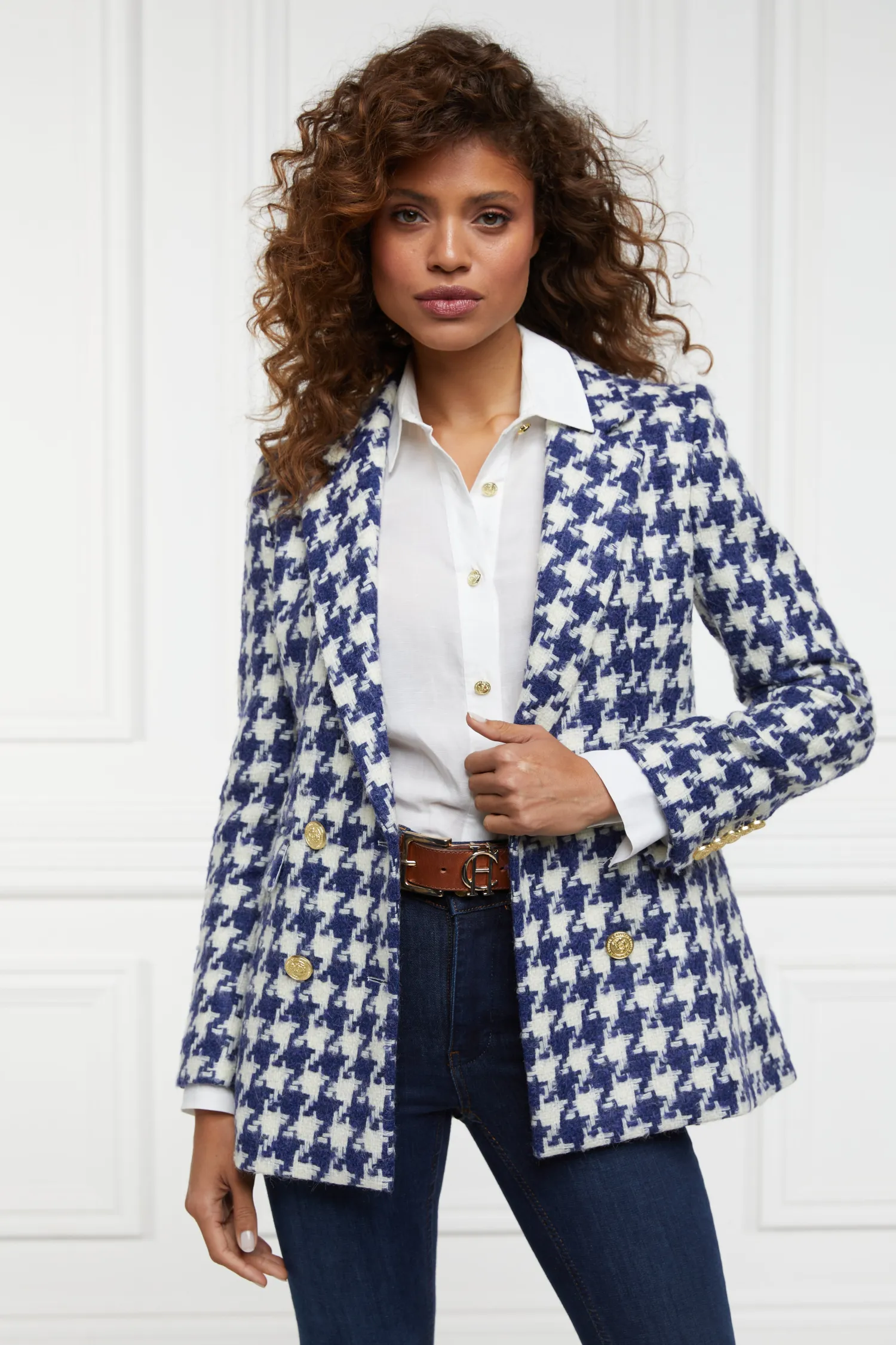 New Double Breasted Blazer (Large Scale Navy Houndstooth) Women Blazers|Tailoring