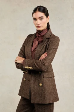 Clearance Double Breasted Blazer (Large Scale Brown Herringbone) Women Blazers|Tailoring