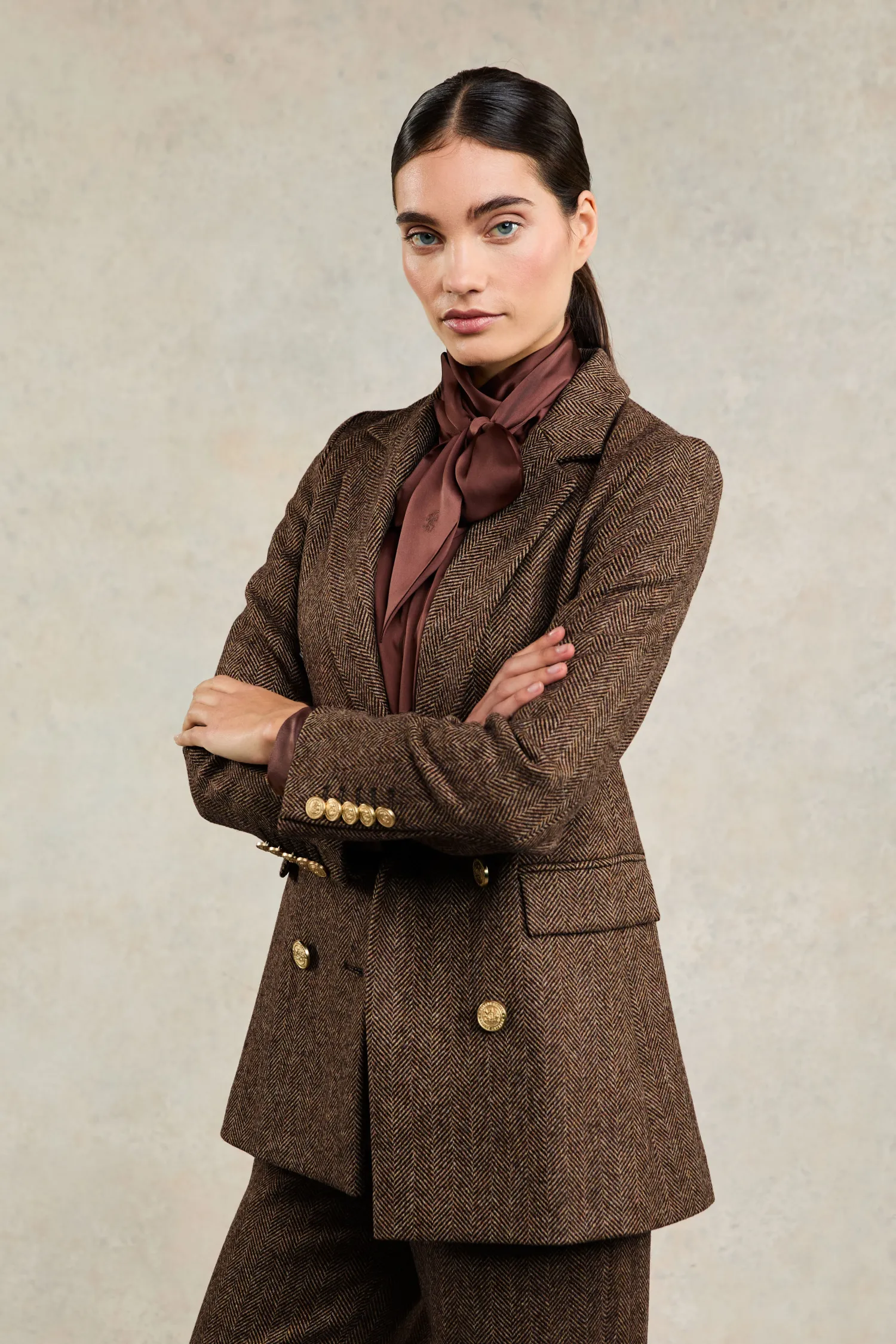 Clearance Double Breasted Blazer (Large Scale Brown Herringbone) Women Blazers|Tailoring