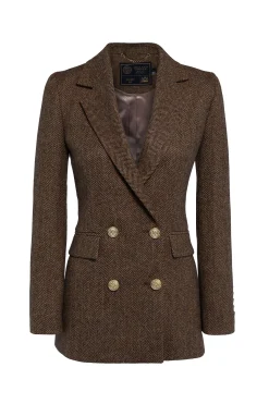 Clearance Double Breasted Blazer (Large Scale Brown Herringbone) Women Blazers|Tailoring