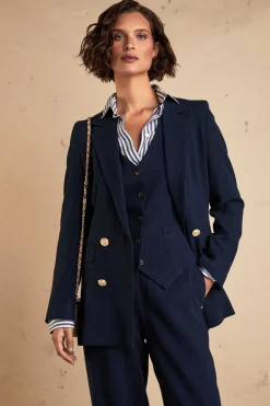 Best Double Breasted Blazer (Navy Linen) Women Blazers|Tailoring