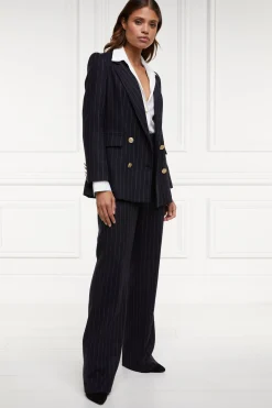 Outlet Double Breasted Blazer (Navy Chalk Pinstripe) Women Briefcase|Blazers