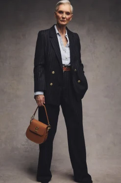Outlet Double Breasted Blazer (Navy Chalk Pinstripe) Women Briefcase|Blazers
