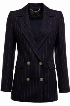 Outlet Double Breasted Blazer (Navy Chalk Pinstripe) Women Briefcase|Blazers