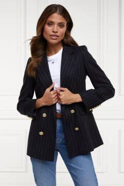 Outlet Double Breasted Blazer (Navy Chalk Pinstripe) Women Briefcase|Blazers