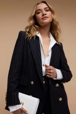 Outlet Double Breasted Blazer (Navy Chalk Pinstripe) Women Briefcase|Blazers