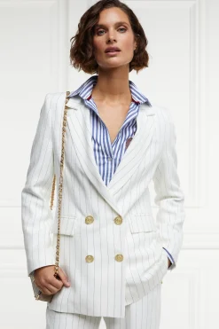 Clearance Double Breasted Blazer (Oyster Linen Pinstripe) Women Blazers|Tailoring