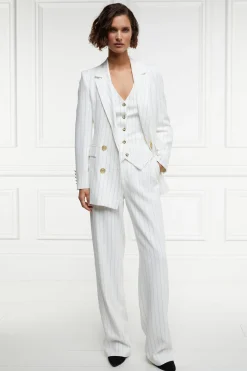 Clearance Double Breasted Blazer (Oyster Linen Pinstripe) Women Blazers|Tailoring