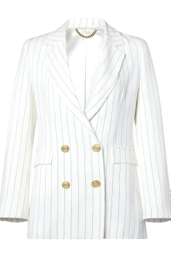 Clearance Double Breasted Blazer (Oyster Linen Pinstripe) Women Blazers|Tailoring