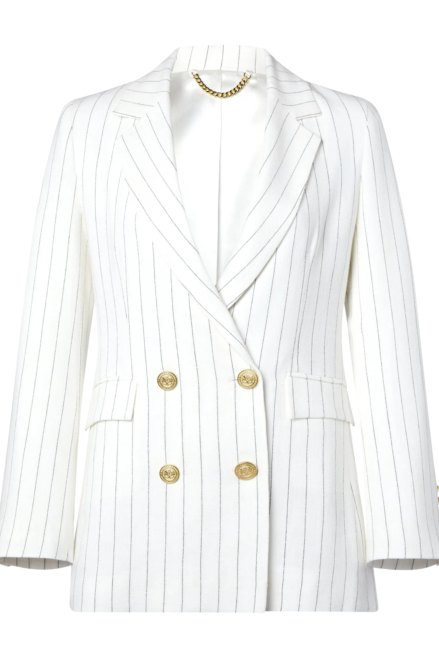 Clearance Double Breasted Blazer (Oyster Linen Pinstripe) Women Blazers|Tailoring