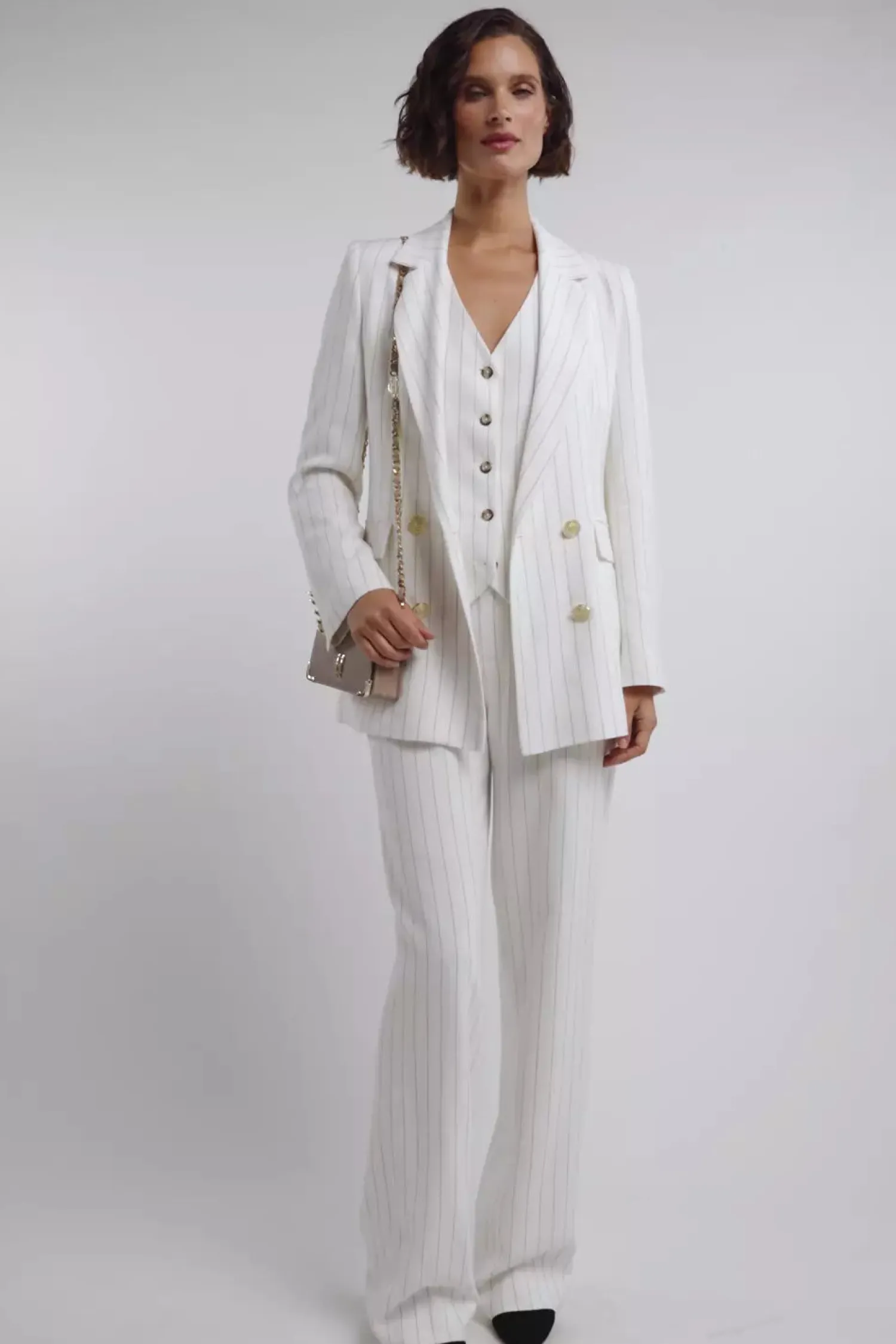 Clearance Double Breasted Blazer (Oyster Linen Pinstripe) Women Blazers|Tailoring