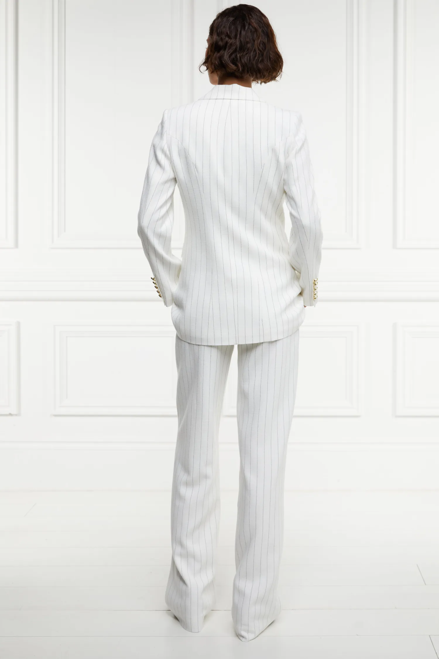 Clearance Double Breasted Blazer (Oyster Linen Pinstripe) Women Blazers|Tailoring