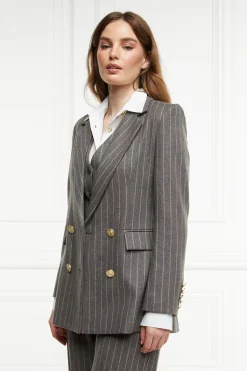 Hot Double Breasted Blazer (Soft Grey Pinstripe) Women Blazers|Tailoring