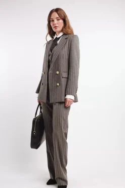 Hot Double Breasted Blazer (Soft Grey Pinstripe) Women Blazers|Tailoring