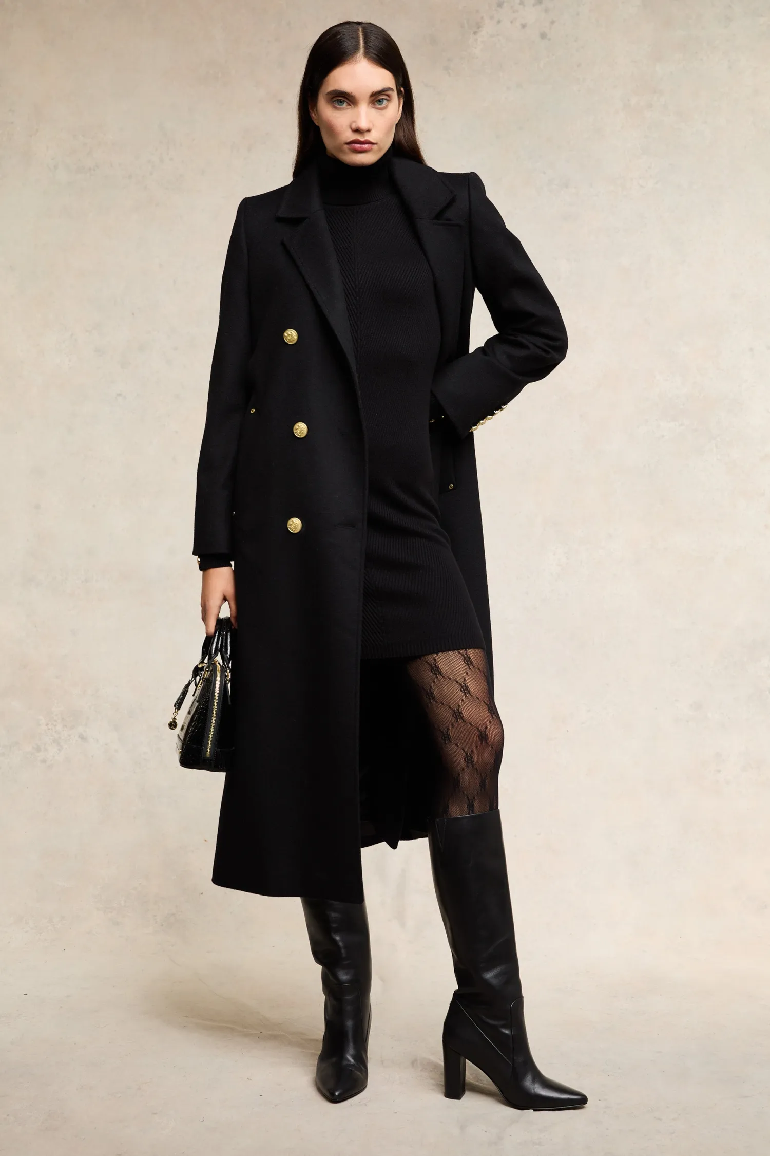 Discount Double Breasted Coat (Soft Black) Women Coats|Tailoring