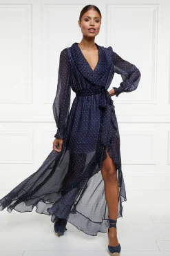 Sale Ellisa Maxi Dress (Navy Polka Dot) Women Dresses