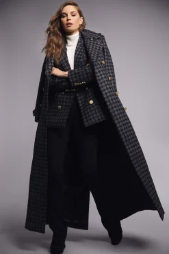 Clearance Full Length Chelsea Trench Coat (Large Scale Charcoal Houndstooth) Women Trench Coats|Coats
