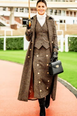 Fashion Full Length Marlborough Trench Coat (Chocolate Houndstooth) Women Trench Coats|Coats