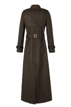 Fashion Full Length Marlborough Trench Coat (Chocolate Houndstooth) Women Trench Coats|Coats