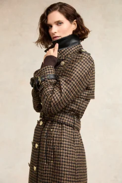 Fashion Full Length Marlborough Trench Coat (Chocolate Houndstooth) Women Trench Coats|Coats