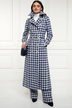 Fashion Full Length Marlborough Trench Coat (Large Scale Navy Houndstooth) Women Trench Coats|Coats