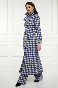 Fashion Full Length Marlborough Trench Coat (Large Scale Navy Houndstooth) Women Trench Coats|Coats