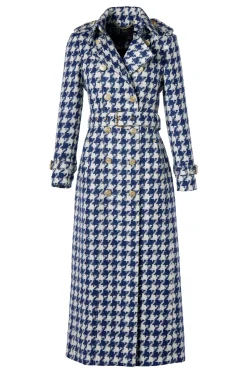 Fashion Full Length Marlborough Trench Coat (Large Scale Navy Houndstooth) Women Trench Coats|Coats