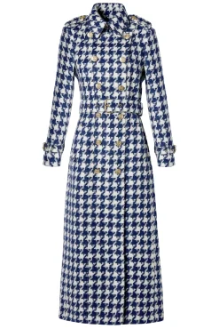 Fashion Full Length Marlborough Trench Coat (Large Scale Navy Houndstooth) Women Trench Coats|Coats