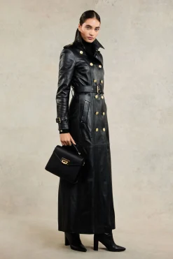 Fashion Full Length Marlborough Trench Coat (Valencia Leather Black) Women Trench Coats|Coats
