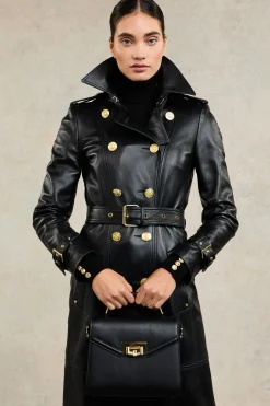 Fashion Full Length Marlborough Trench Coat (Valencia Leather Black) Women Trench Coats|Coats