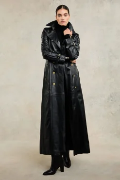 Fashion Full Length Marlborough Trench Coat (Valencia Leather Black) Women Trench Coats|Coats