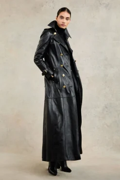 Fashion Full Length Marlborough Trench Coat (Valencia Leather Black) Women Trench Coats|Coats