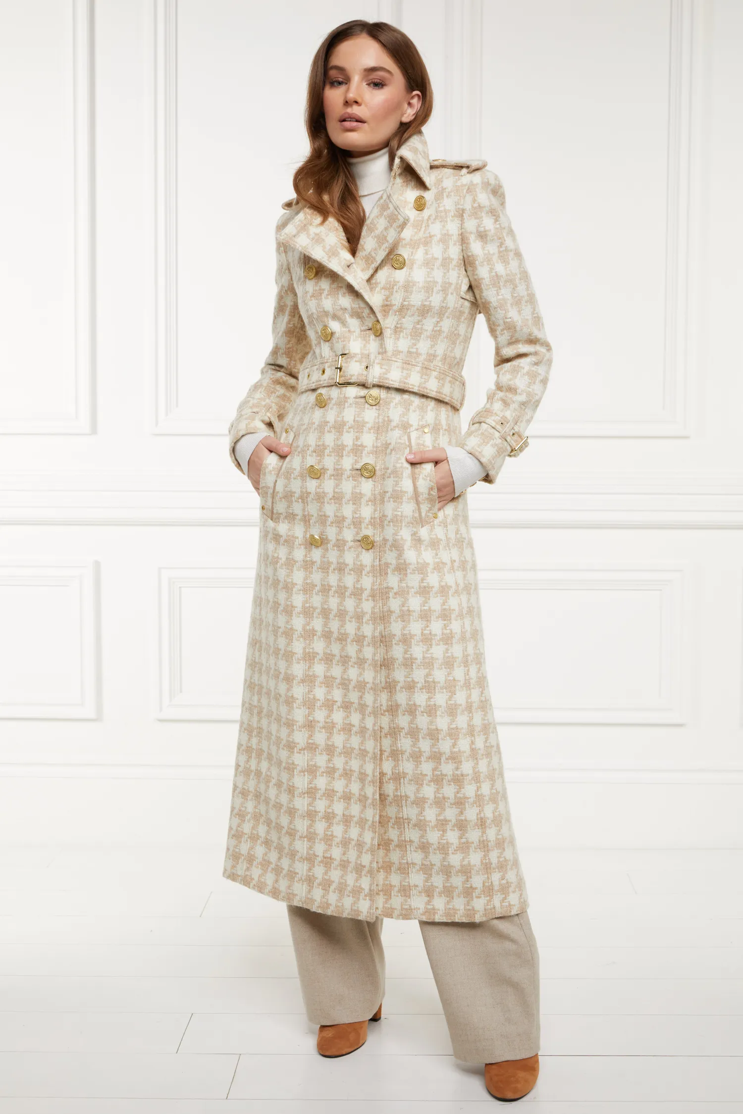 Clearance Full Length Marlborough Trench Coat (Camel Houndstooth) Women Trench Coats|Coats