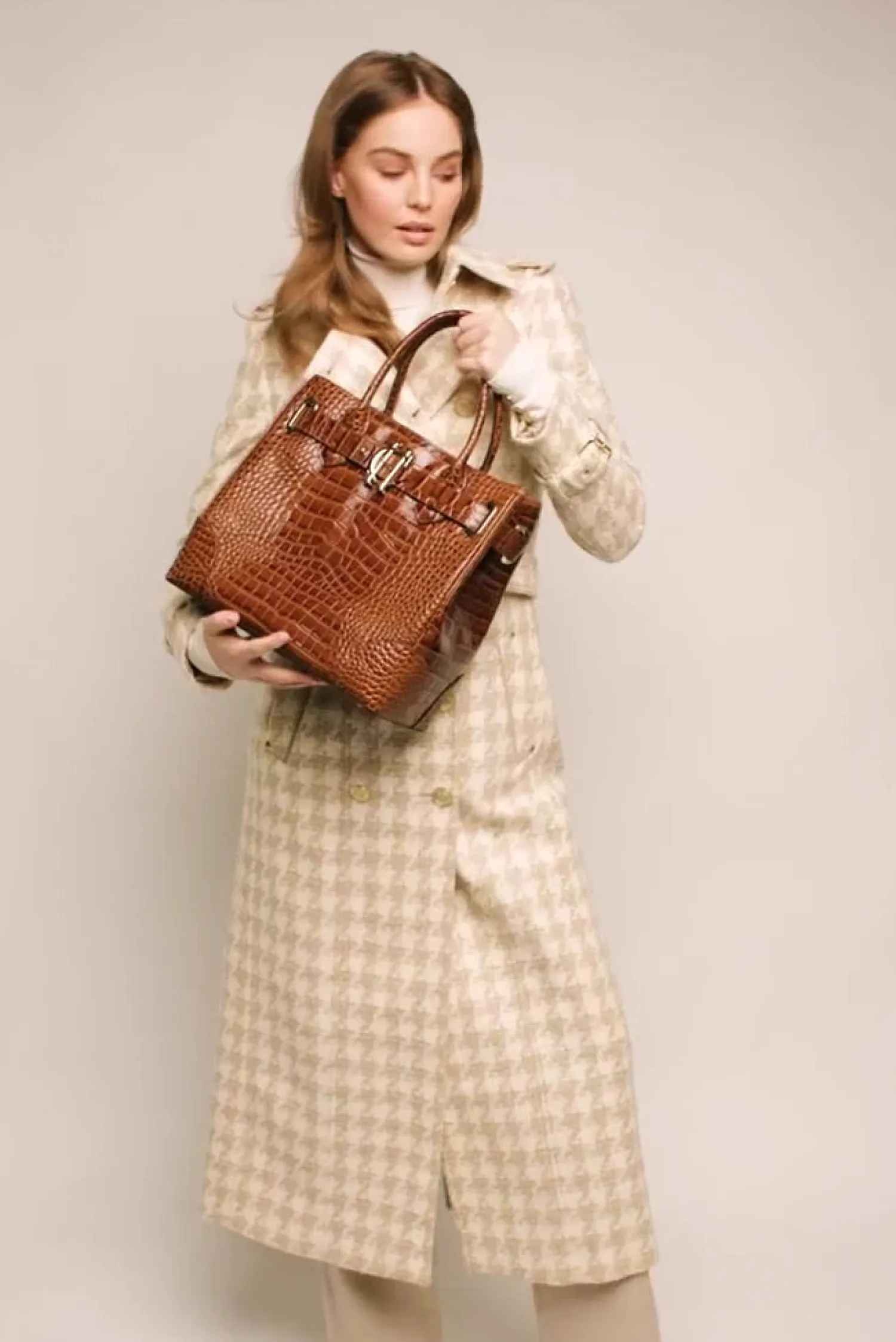 Clearance Full Length Marlborough Trench Coat (Camel Houndstooth) Women Trench Coats|Coats
