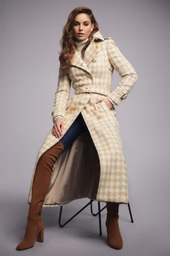 Clearance Full Length Marlborough Trench Coat (Camel Houndstooth) Women Trench Coats|Coats