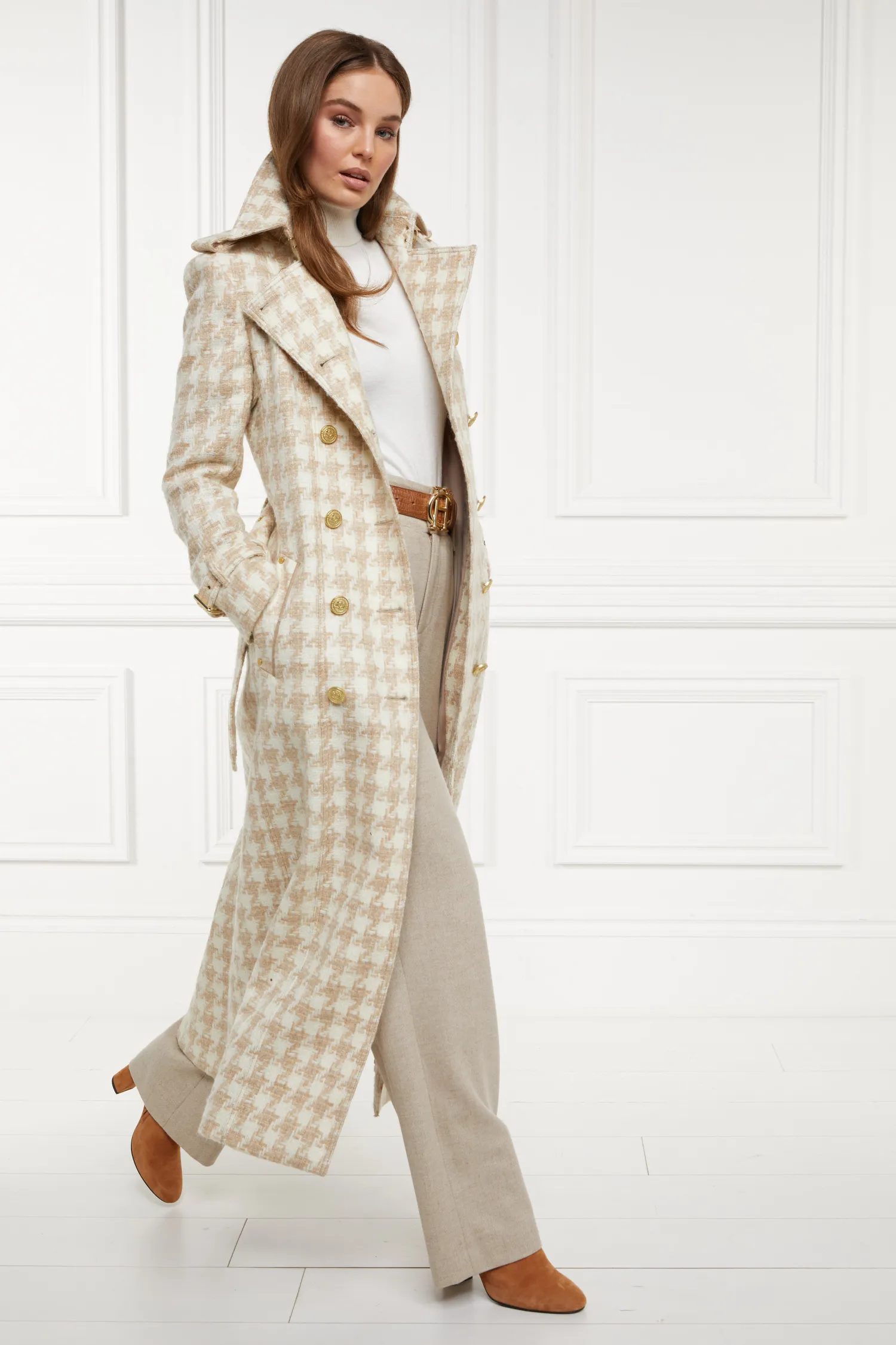 Clearance Full Length Marlborough Trench Coat (Camel Houndstooth) Women Trench Coats|Coats