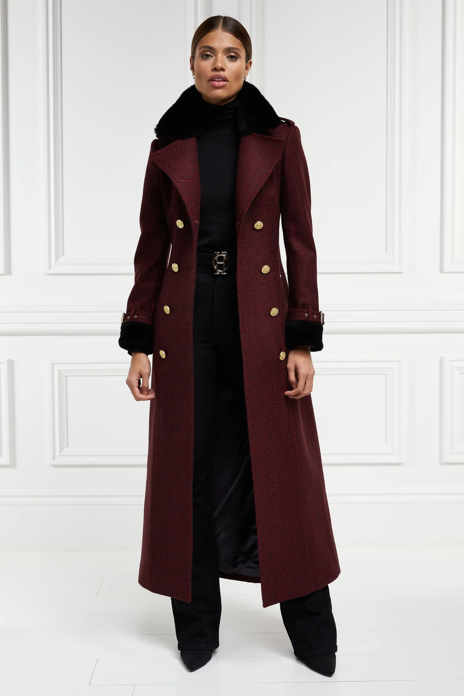 Hot Gold Label Trench (Deep Red Houndstooth) Women Trench Coats|Coats