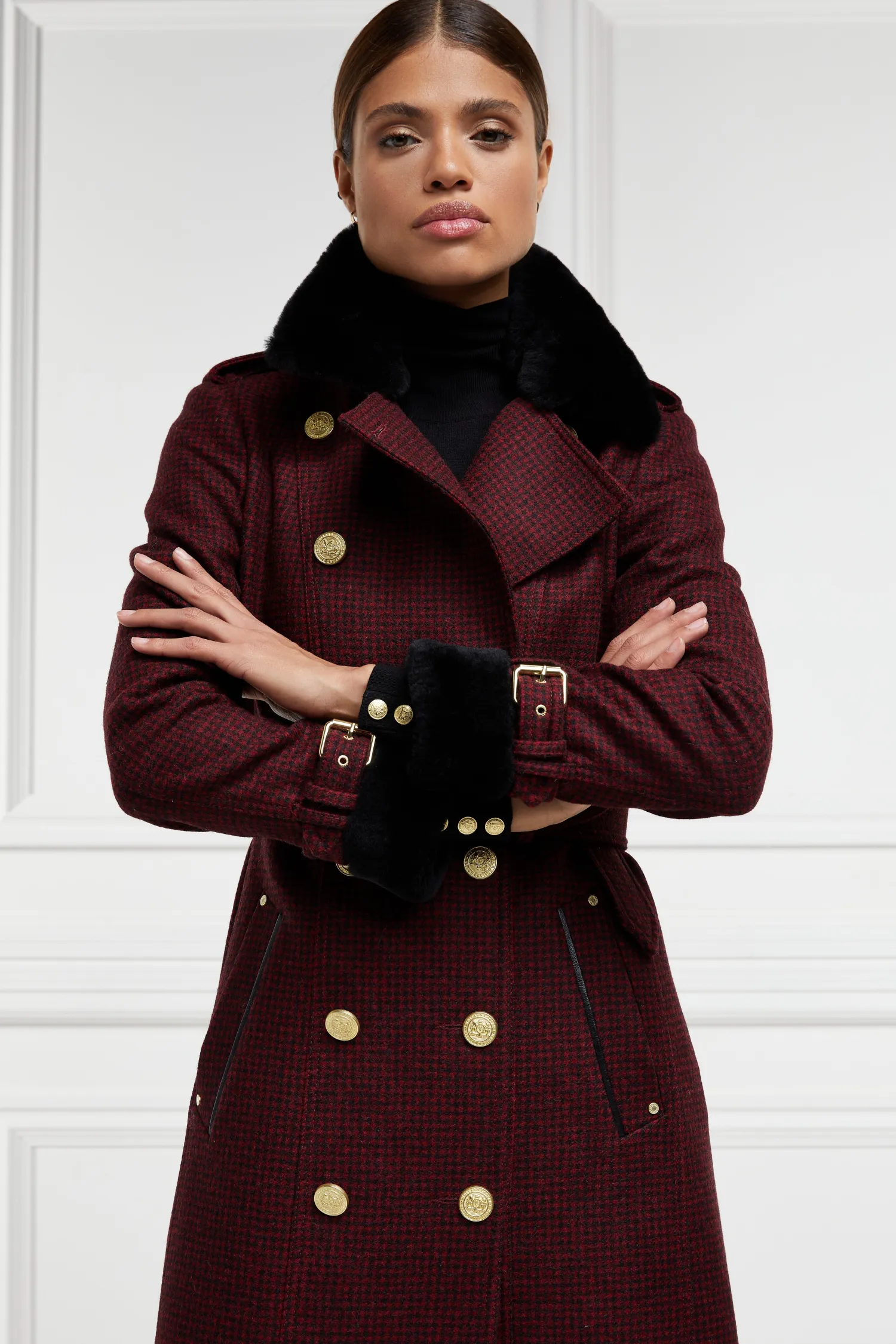 Hot Gold Label Trench (Deep Red Houndstooth) Women Trench Coats|Coats