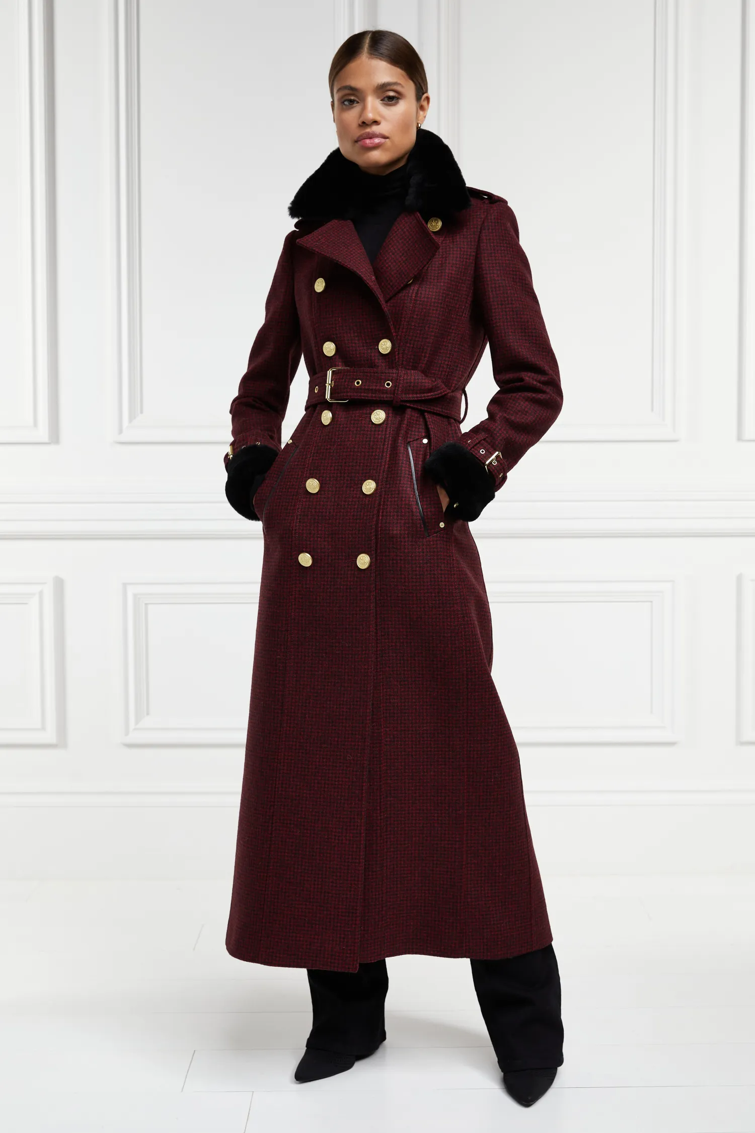 Hot Gold Label Trench (Deep Red Houndstooth) Women Trench Coats|Coats